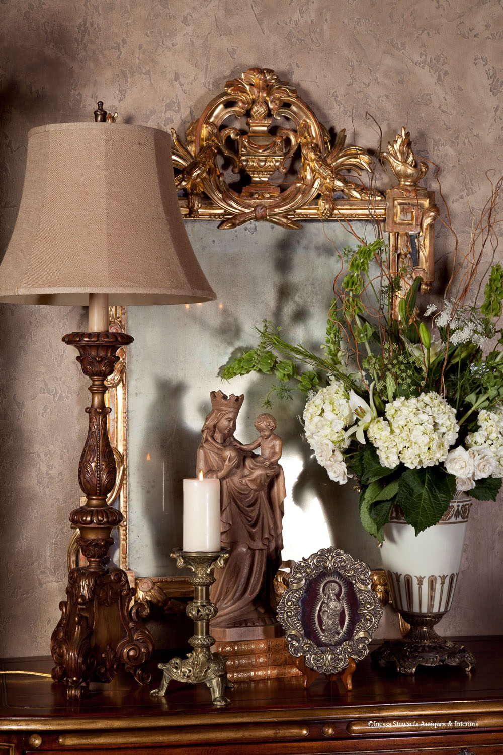 Antique Virgin Mary Statue, flowers, lamp, mirror, at Inessa Stewart's Antiques