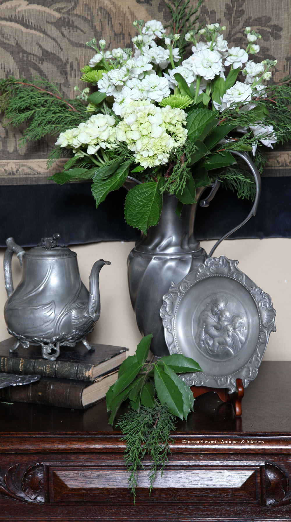 Antique pewter, accessories, flowers closeup at Inessa Stewart's Antiques