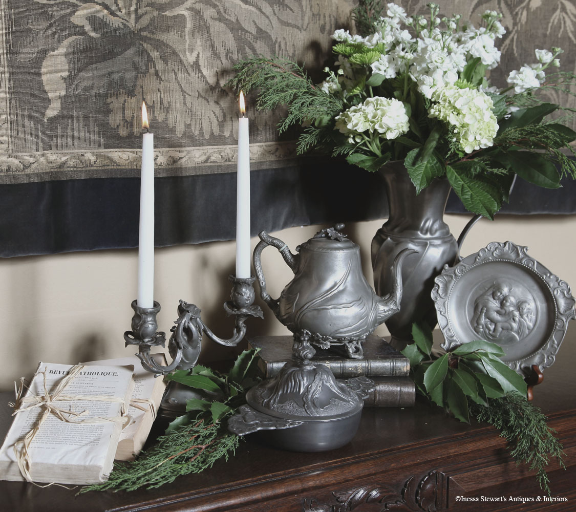 Antique accessoires, pewter, candlesticks, flowers at Inessa Stewart's Antiques