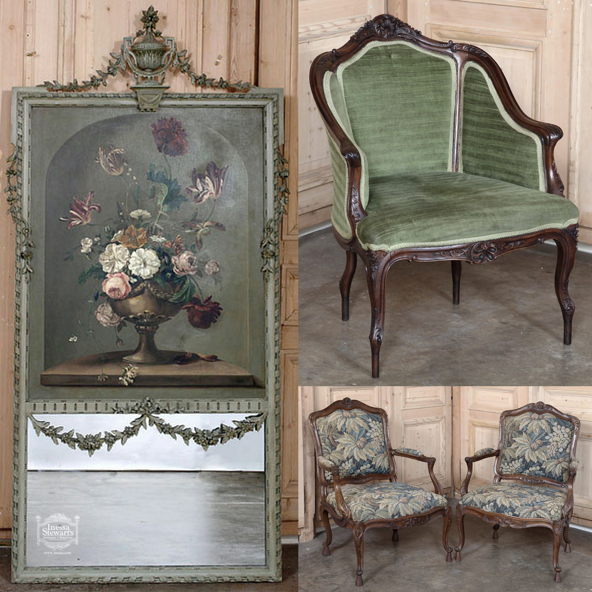 Green Antique Furniture, chairs, trumeau