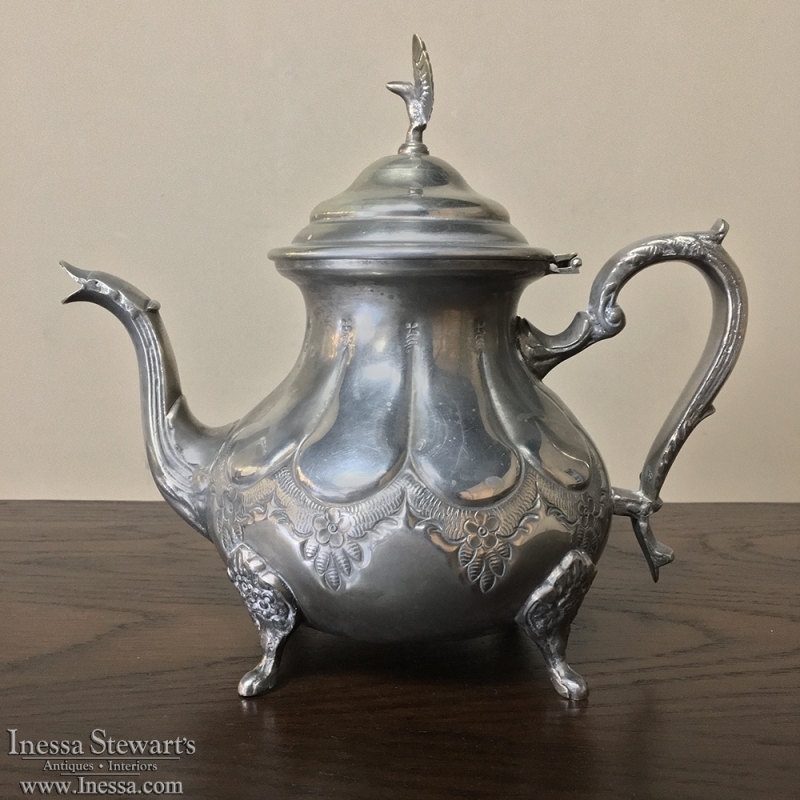 Antique Embossed Silverplate Pewter Teapot