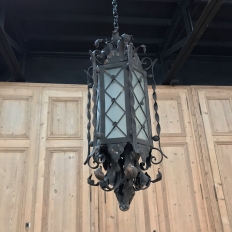 Antique Wrought Iron and Frosted Glass Lantern Chandelier