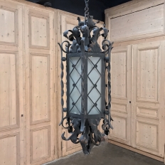 Antique Wrought Iron and Frosted Glass Lantern Chandelier