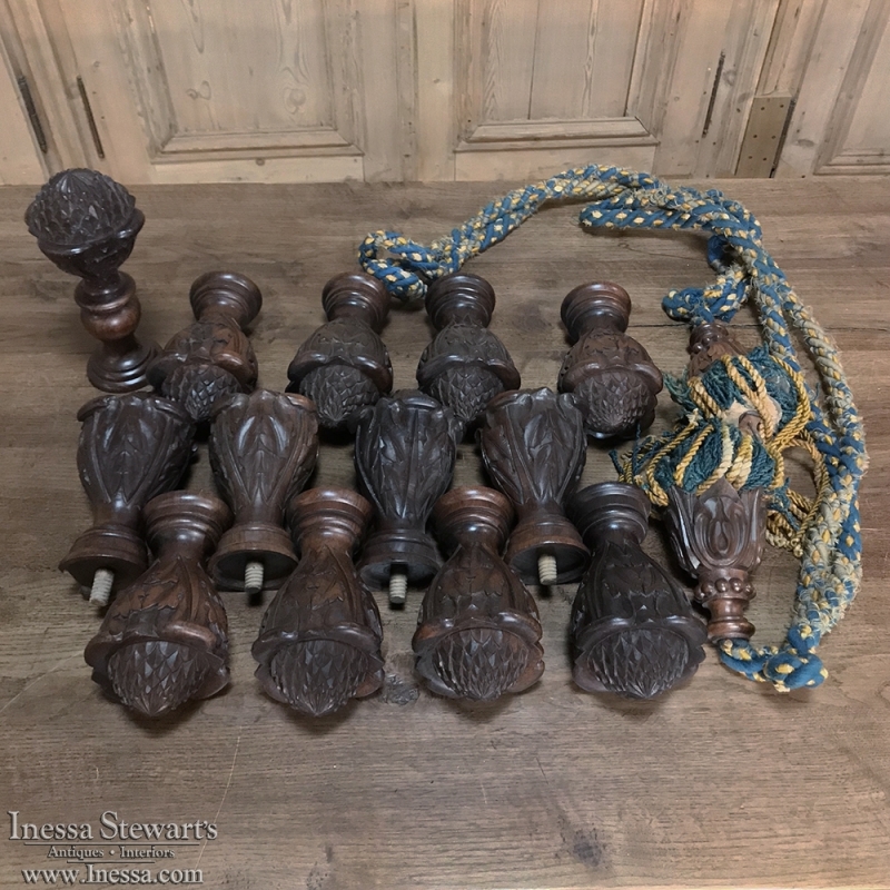 Set Of 15 Italian Hand Carved Walnut Finials
