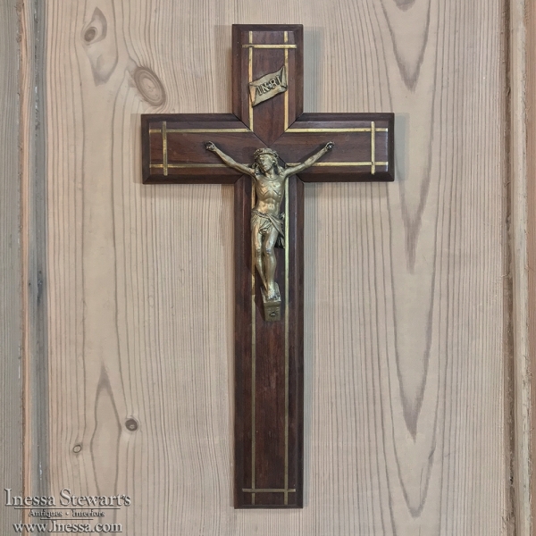 Antique Hand-Crafted Wooden Crucifix with Brass Corpus