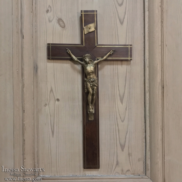 Antique Hand-Crafted Wooden Crucifix with Brass Corpus