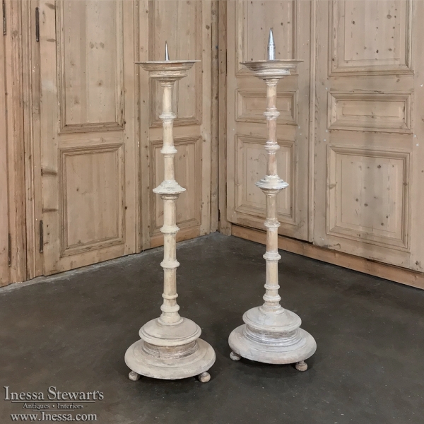 Pair 19th Century Turned Wood Painted Candlesticks
