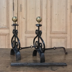 Pair 19th Century Wrought Iron & Brass Andirons