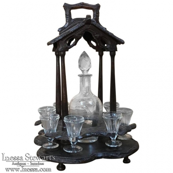 19th Century Black Forest Hand Carved Liqueur Stand with Original Glass