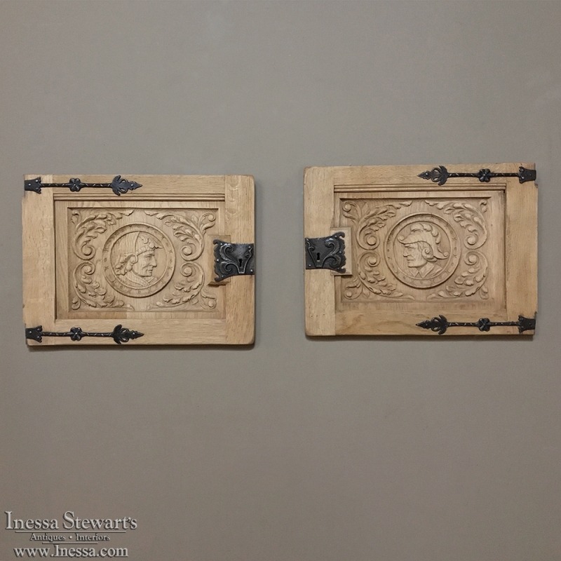 Pair Antique Hand-Carved Stripped Oak Door Panels