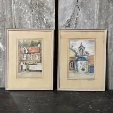 Pair Mid-Century Framed Ink and Watercolor Signed Paintings by H.Goyvaerts