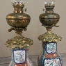 Pair 19th Century Hand-Painted Porcelain & Bronze Oil Lanterns