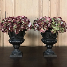 Garden Urns, Pair 19th Century Neoclassical in Cast Iron 