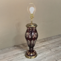Antique Cranberry Cut Crystal & Brass Table Lamp