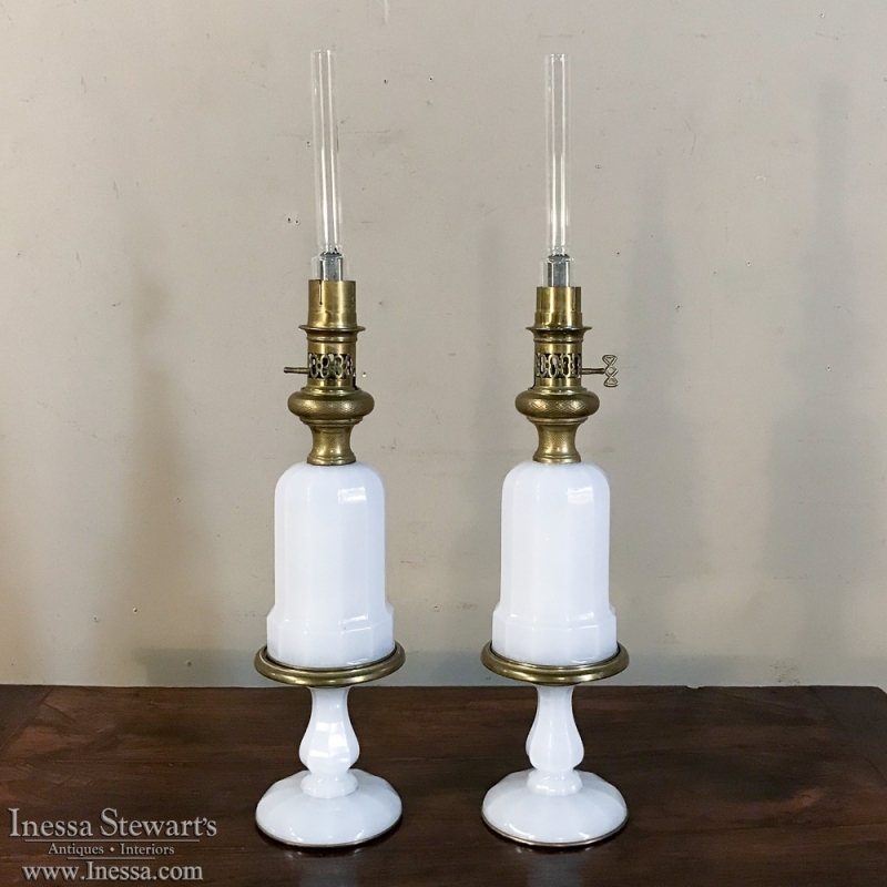 Pair 19th Century Milk Glass Oil Lantern Table Lamps