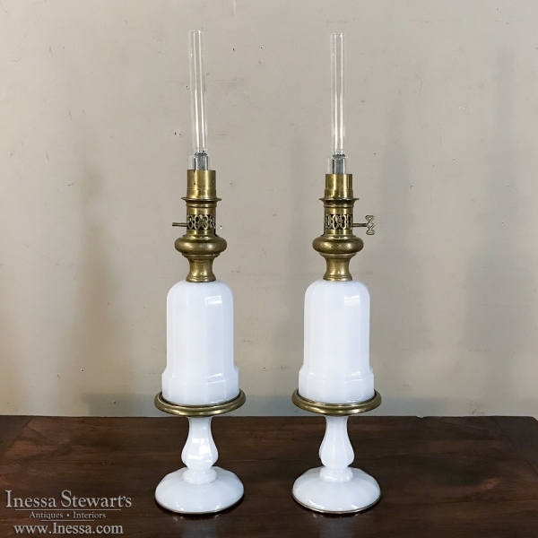 Pair 19th Century Milk Glass Oil Lantern Table Lamps