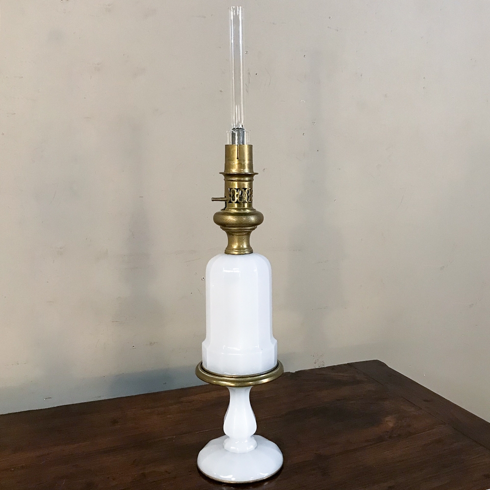 Pair 19th Century Milk Glass Oil Lantern Table Lamps