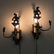 Pair Antique Rustic Wrought Iron Wall Sconces