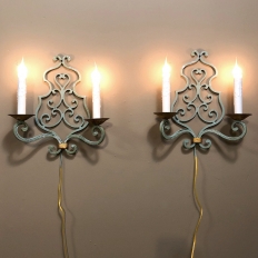 Pair Country French Painted Wrought Iron Wall Sconces