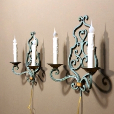 Pair Antique French Painted Wrought Iron Wall Sconces