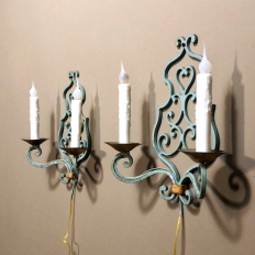 Pair Country French Painted Wrought Iron Wall Sconces