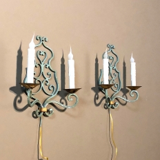 Pair Country French Painted Wrought Iron Wall Sconces