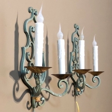 Pair Antique French Painted Wrought Iron Wall Sconces