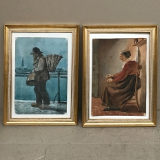 Pair Mid-Century Framed Gouache Paintings on Parchment 