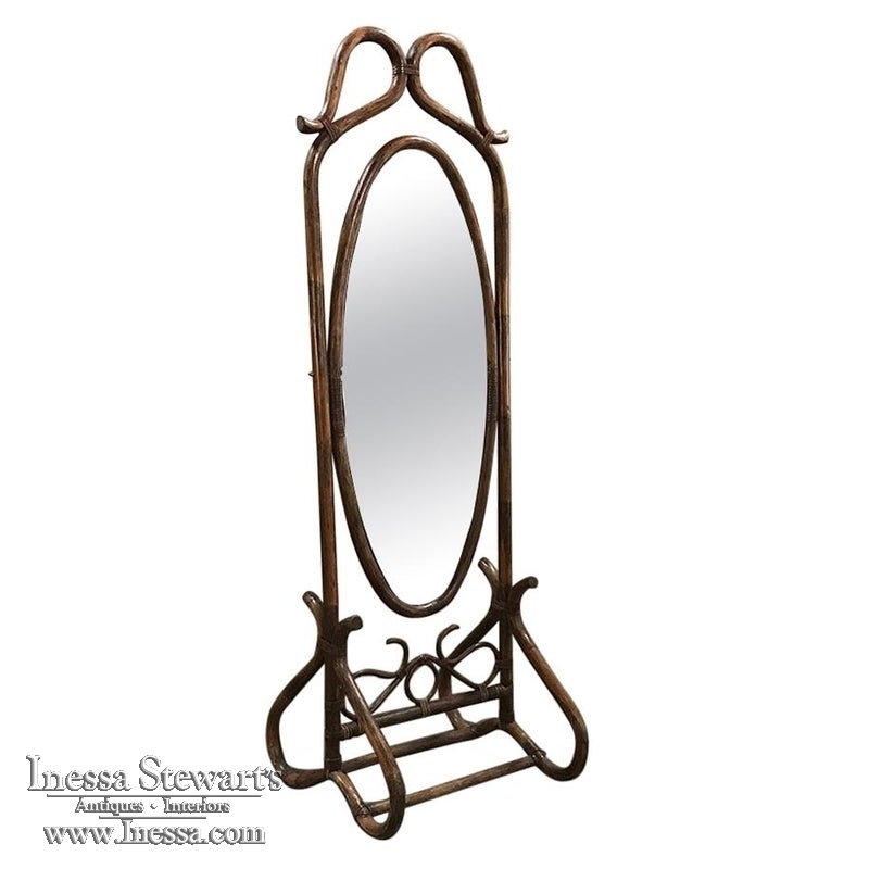 Mid-Century French Bentwood and Rattan Floor Mirror