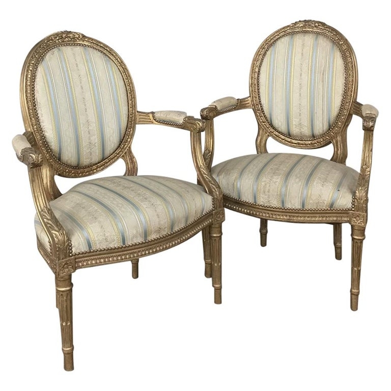 Pair 19th Century French Louis Xvi Giltwood Armchairs