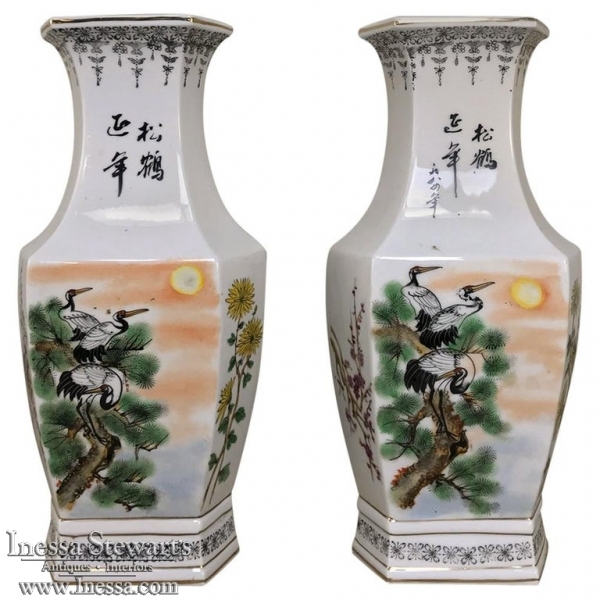Pair Antique Hand-Painted Chinese Vases