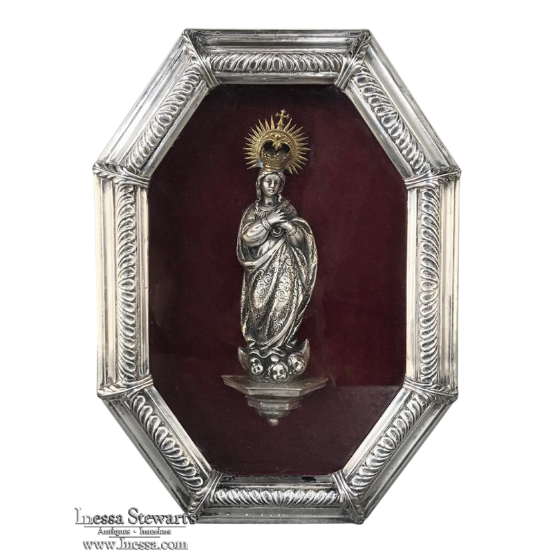 19th Century French Silverplated Madonna in Octagonal Frame