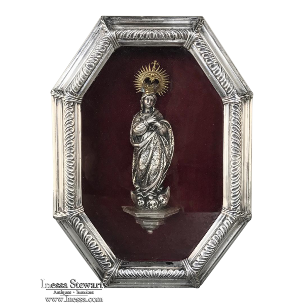 19th Century French Silverplated Madonna in Octagonal Frame