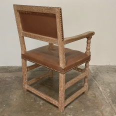 Mid-Century Rustic Country French Ceruse Finish Armchair with Leather