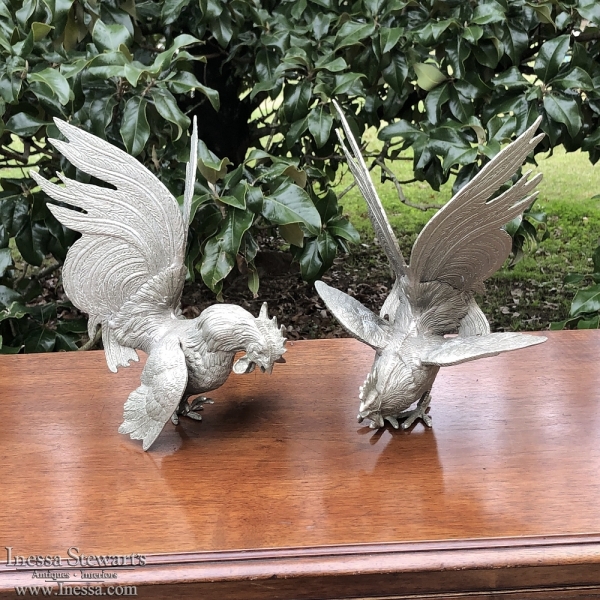 Pair Antique Cast Brass Rooster Bookends