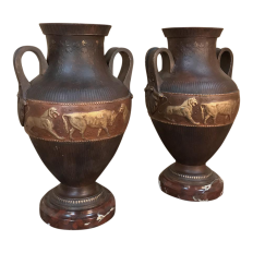 Pair Vases, Art Deco Period in Grecian Style, in Painted Spelter on Marble Bases