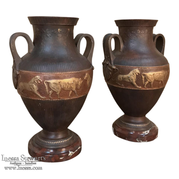 Pair Vases, Art Deco Period in Grecian Style, in Painted Spelter on Marble Bases