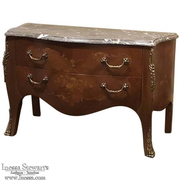 19th Century French Louis XV Bombe Marquetry Marble Top Commode