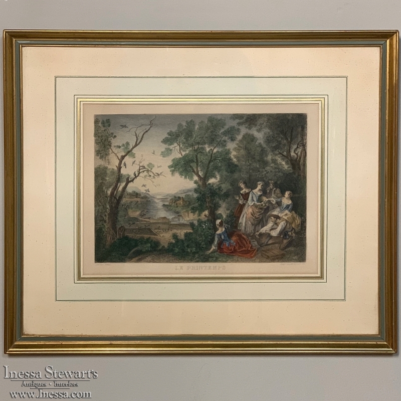 Framed Engraving, Antique French, Hand-Colored ~ 'Springtime'