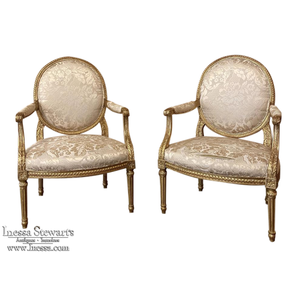 Pair 19th Century French Louis XVI Gilded Armchairs ~ Fauteuils