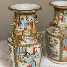 Pair Antique Rose Medallion Porcelain Vases