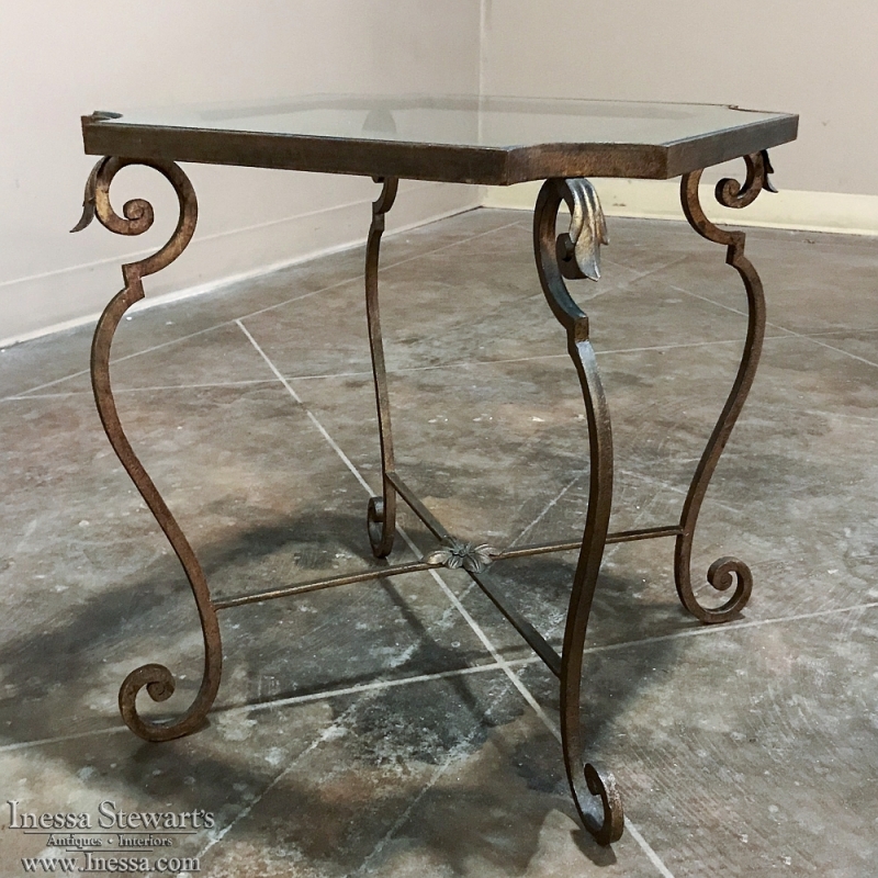 Wrought Iron and Frosted Glass End Table