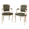 Pair Antique French Louis XV Painted Armchairs with Leather