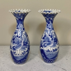 Pair 19th Century Japanese Export Blue & White Porcelain Vases