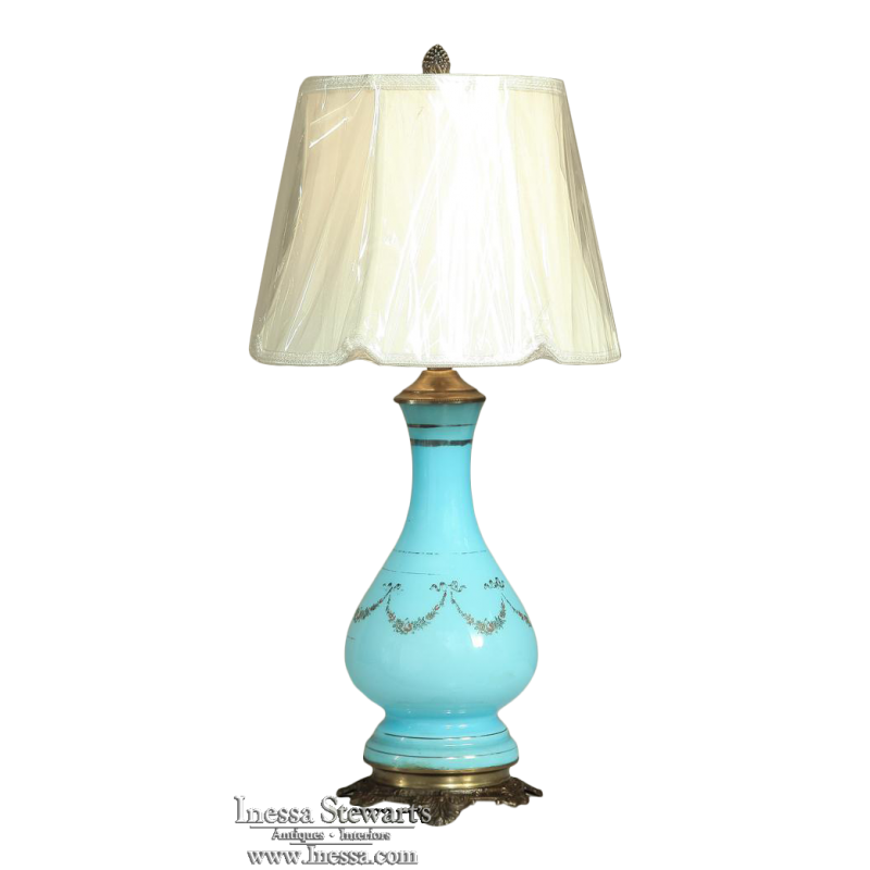 Leraren dag personeel Voorrecht 19th Century French Blue Opaline Glass Oil Lantern ~ Lamp