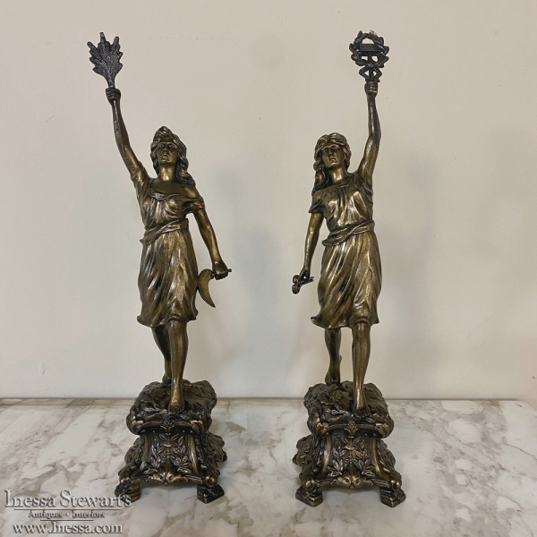 Pair Antique Spelter Statues ~ Tribute to Women in Industry