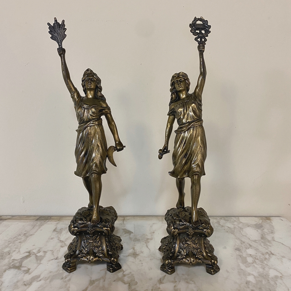 Pair Antique Spelter Statues Tribute to Women in Industry