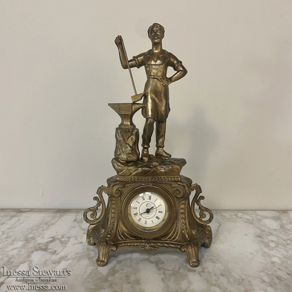 Art Nouveau Spelter Statue of Ironworker Mantel Clock