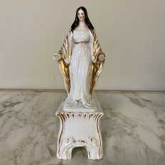 19th Century Painted Porcelain Madonna in Original Hand-Crafted Oak Shrine