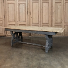 19th Century Rustic Country French Pine Wagon Wheel Trestle Table